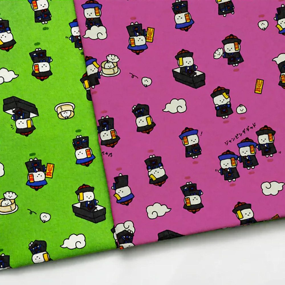 Chinese Zombie Print Fabric: Adorable cartoon Chinese jumping zombies, known as jiangshi, wearing traditional dark official robes and yellow talismans on their foreheads, printed on 100% cotton fabric. The playful repeating pattern intersperses the hopping jiangshi characters with dim sum bamboo steamers, soup dumplings, coffins and fluffy white clouds. The quirky Chinese-inspired design is available in lime green and magenta pink background colorways.